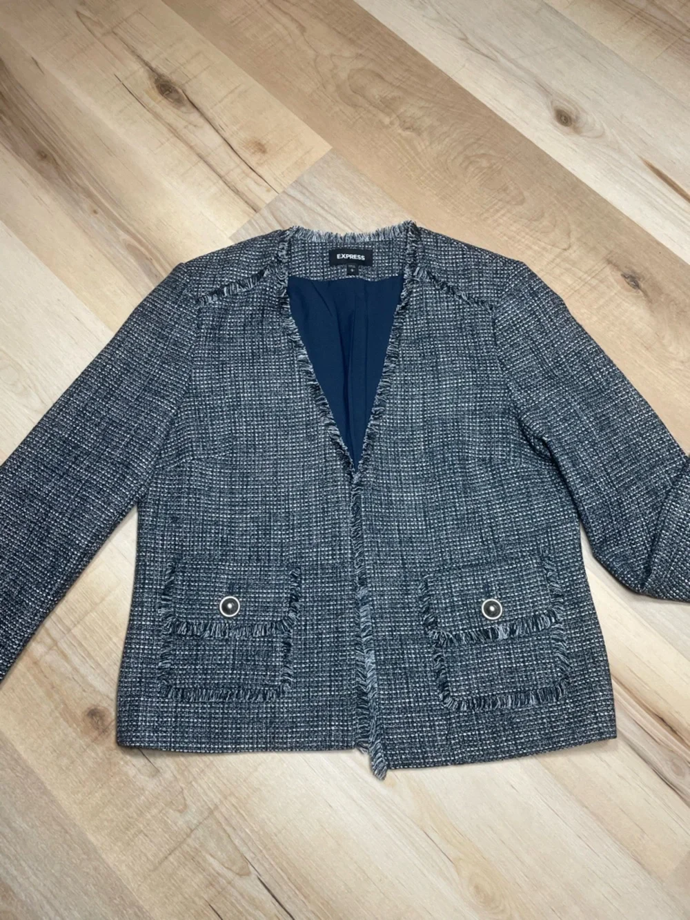 Express Tweed Jacket Small Fringe Trim Blue‎ Black Career Chic Blazer